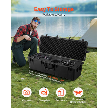 VEVOR Weatherproof Hard Case, Heavy Duty Protective Dry Box Case with Pre-Cut Foam Retractable Pull Handles for Travel, Hunt, Military, Tactical, IP67 Waterproof, for Cameras(44.09 * 15.94 * 13.46)