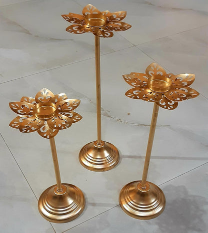 Decorative Lotus Tealight Candle Holder Set, 3 Pieces, Gold Metal, Floral Design
