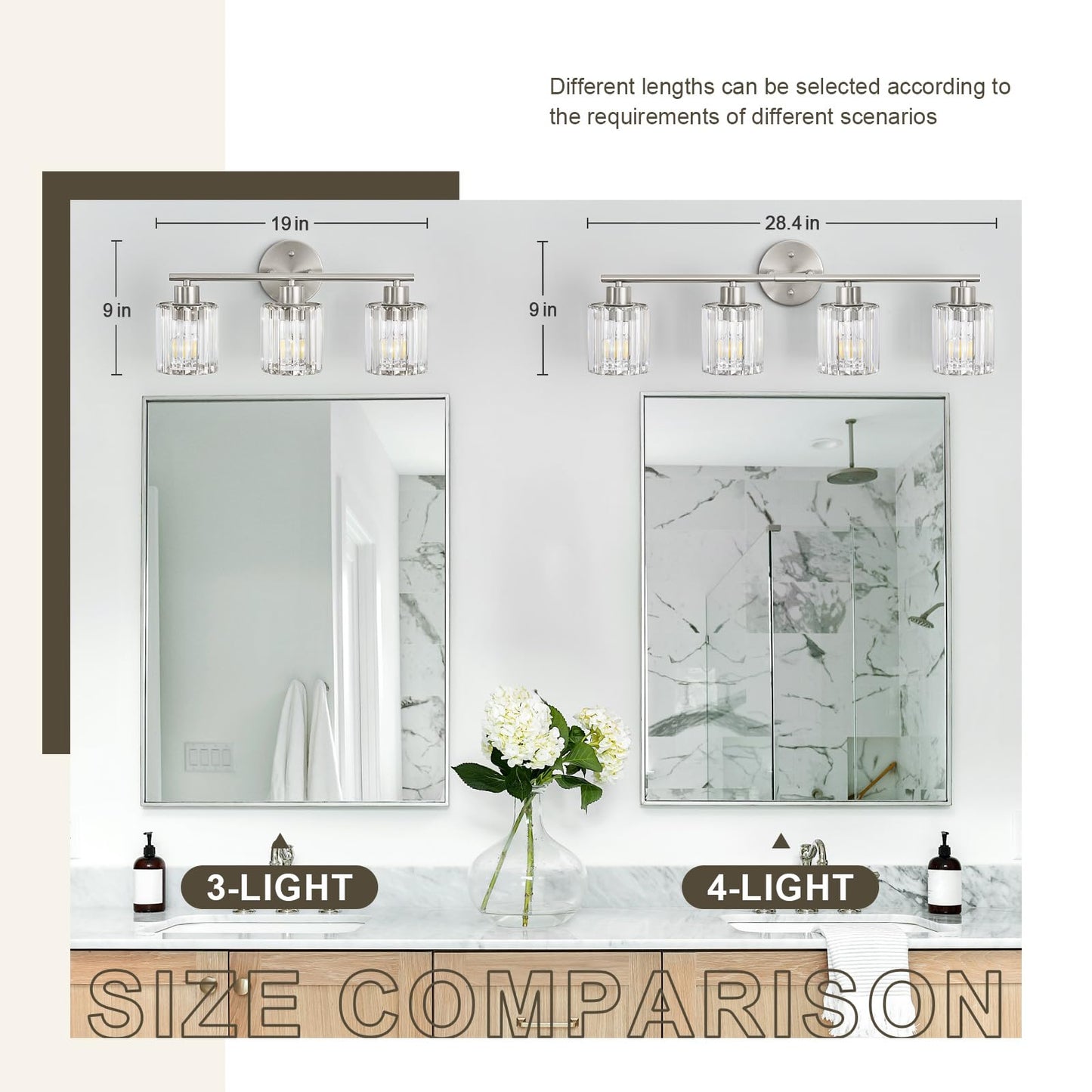 Kvhiiw Crystal Bathroom Light Fixtures, Bathroom Lighting Fixtures Over Mirror, Modern 3-Light Brushed Nickel Vanity Lights for Mirror, Restroom, Kitchen(Ceramic E26 Socket,Bulbs Not Include)