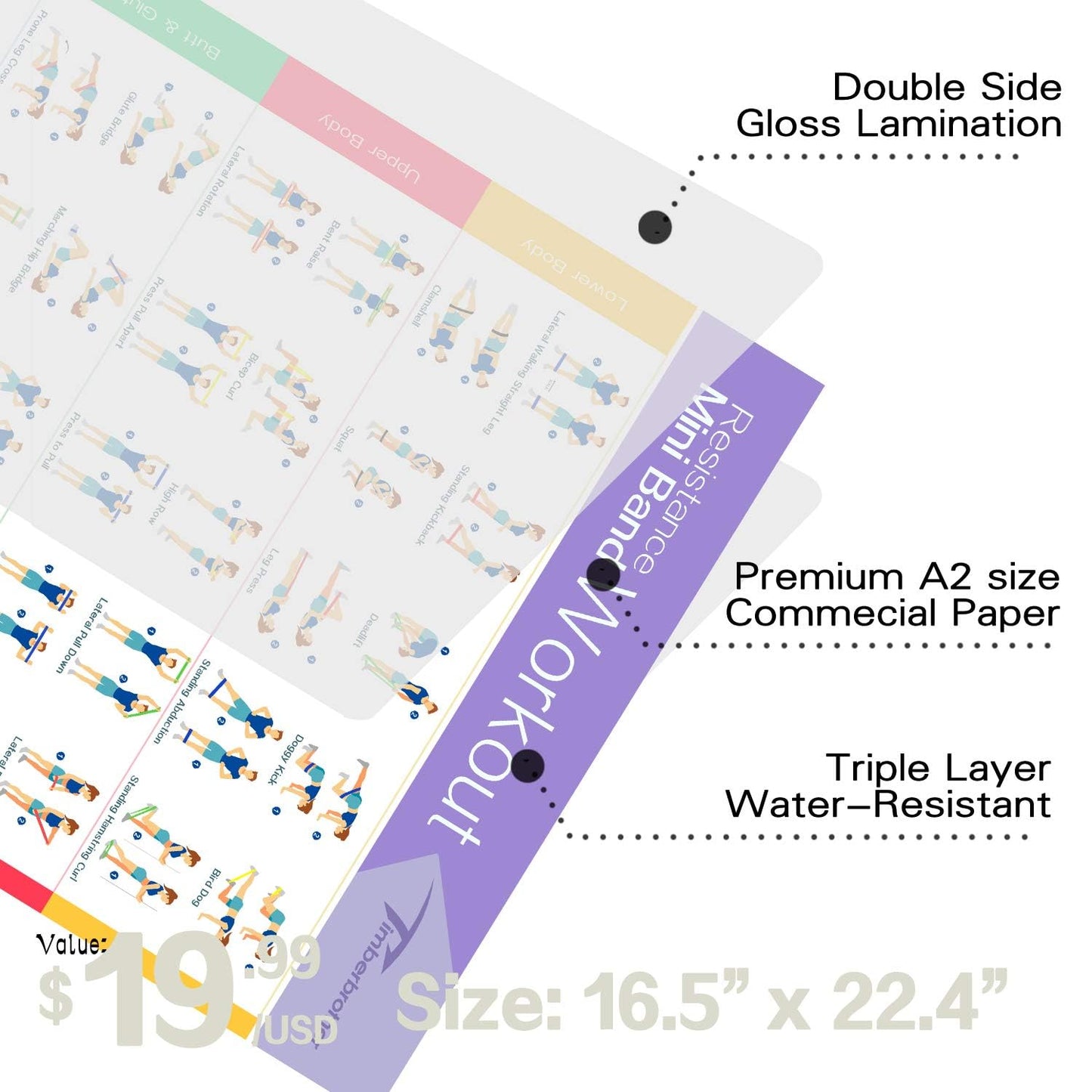 Timberbrother Resistance Loop Bands with Workout Poster 16.5”x 22.4”,Set of 5 Exercise Bands for Crossfit Workout and Physical Training