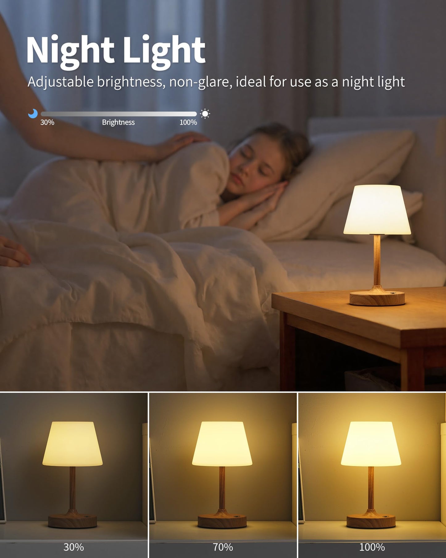 PUSU Cordless LED Wood-Grain Small Table Lamp, Waterproof Shower Light with 4000mAh Battery, Portable Rechargeable Touch Dimming Night Light for Bathroom, Outdoor Camping, Kitchen, Patio, Restaurant