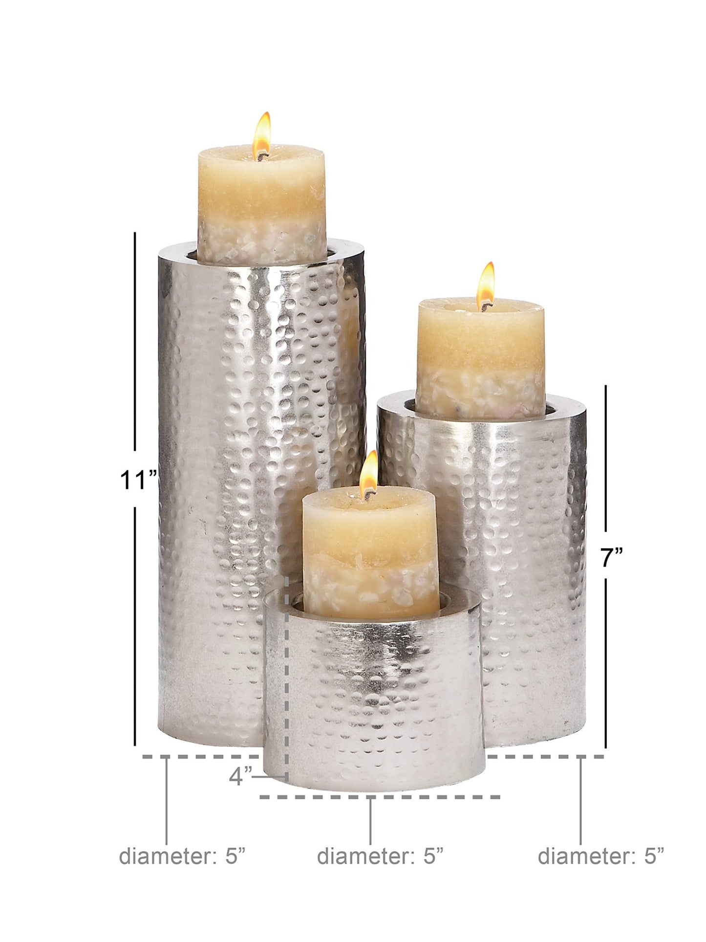 CosmoLiving by Cosmopolitan Metal Handmade Pillar Candle Holder, Set of 3 11", 7", 4"H, Silver