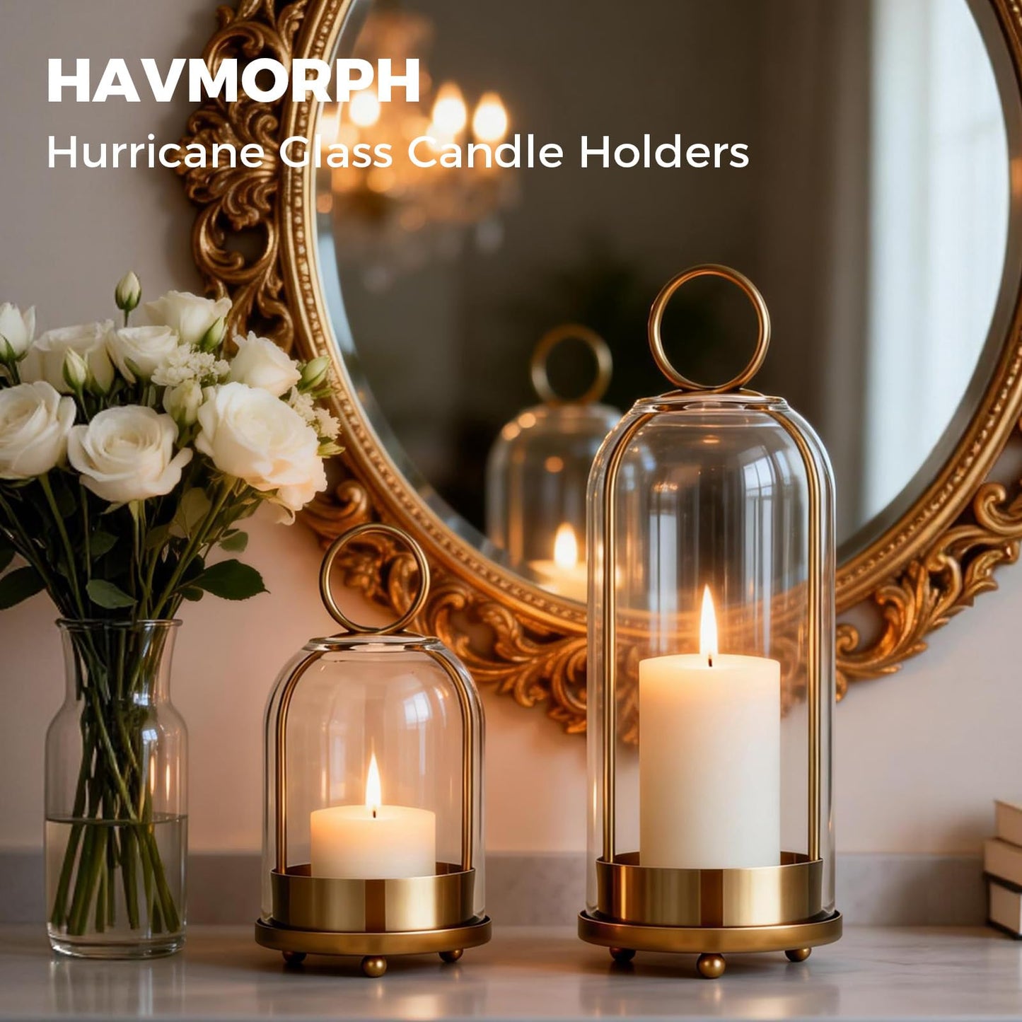 Havmorph 5"&4" Hurricane Glass Candle Holders, Hanging Brass Metal Candle Holder for Pillar Candles Table Coffee Table Decor Interior Decoration