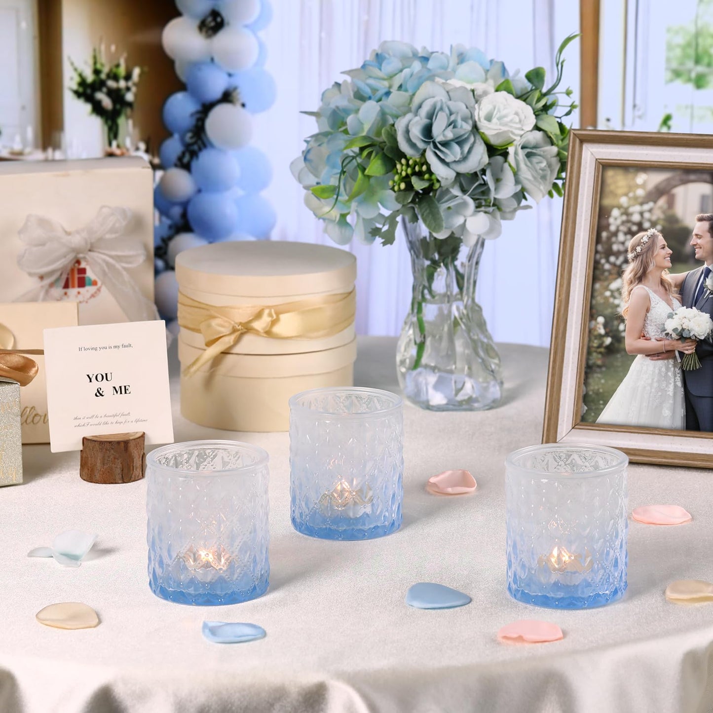 6 Pcs Blue Gradient Votive Candle Holders Glass Tea Light Candles Holder Light Blue Ombre Large Candle Holders for Bridal Shower, Wedding Table Centerpiece, Birthday Party Home Decor