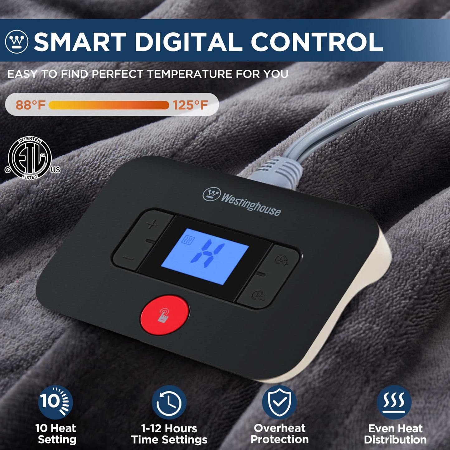 Westinghouse Electric Blanket Heated Throw, Super Cozy Soft Flannel 50"" x 60"" Heated Throw with 6 Fast Heating Levels & 2-10 Auto-Off, Machine Washable, ETL&FCC Certification, Navy Blue