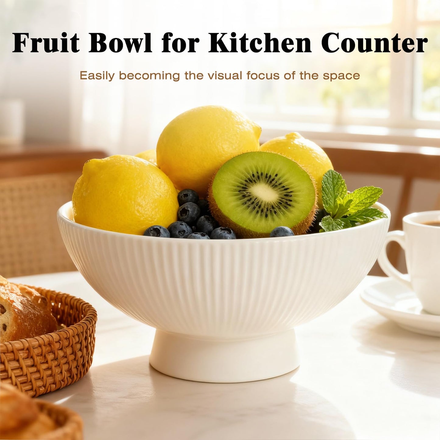 Richtmall Decorative Bowl 8 Inch Fruit Bowl for Kitchen Counter Modern Pedestal Footed Centerpiece Bowl for Coffee Table & Home Decor Fall Catch-All Bowl for Key, Candy, White