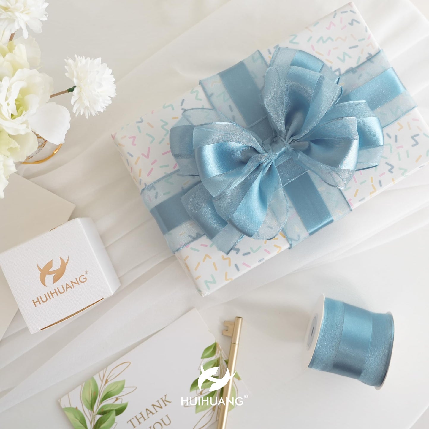 HUIHUANG Dusty Blue Organza Wired Ribbon with Satin Stripe 2.5 inch Blue Sheer Wired Ribbon for Bows Making, Wreaths, Gift Wrapping, Bridal Shower Wedding Decor Decor-Continous 10 Yards