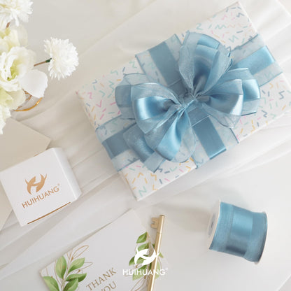 HUIHUANG Dusty Blue Organza Wired Ribbon with Satin Stripe 2.5 inch Blue Sheer Wired Ribbon for Bows Making, Wreaths, Gift Wrapping, Bridal Shower Wedding Decor Decor-Continous 10 Yards