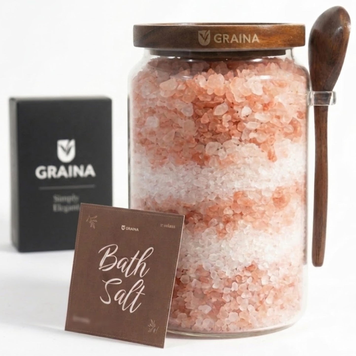 Graina Large Bath Salt Container with Scoop | 74 oz Bath Salt Jar with Lid & Scoop | Airtight Glass Canister, Premium Dark Acacia Lid, Bathroom Storage, Sugar & Coffee Canister, Home Storage