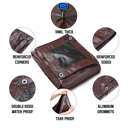 30 x 40 FT Waterproof Heavy Duty Tarp, 10 Mil Thick, Outdoor Furniture Covers, Plastic Insulated Tarpaulin for Camping Tent Roof Boat Patio Pool Cover, Large & Small Multi-Size Tarps, Brown/Black