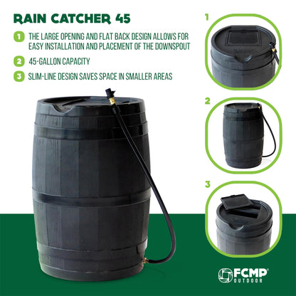 FCMP Outdoor 45 Gallon Heavy Duty Rain Water Catcher Barrel Container with Hose and Debris Screen for Outdoor Plants, Garden, and Landscapes (RC45-BLK) Black