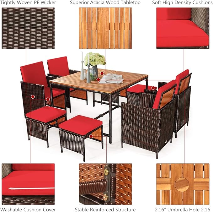 Tangkula 9 Pieces Acacia Wood Patio Dining Set, Space Saving Wicker Chairs and