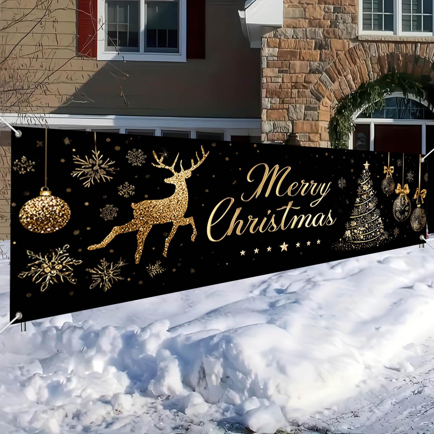 HOMETITUTE Large Merry Christmas Banner 118x35 Inch Black Gold Christmas Banner with Reindeer Tree and Ornaments for Holiday Party Wall Yard Garden Indoor Decoration Backdrop Display