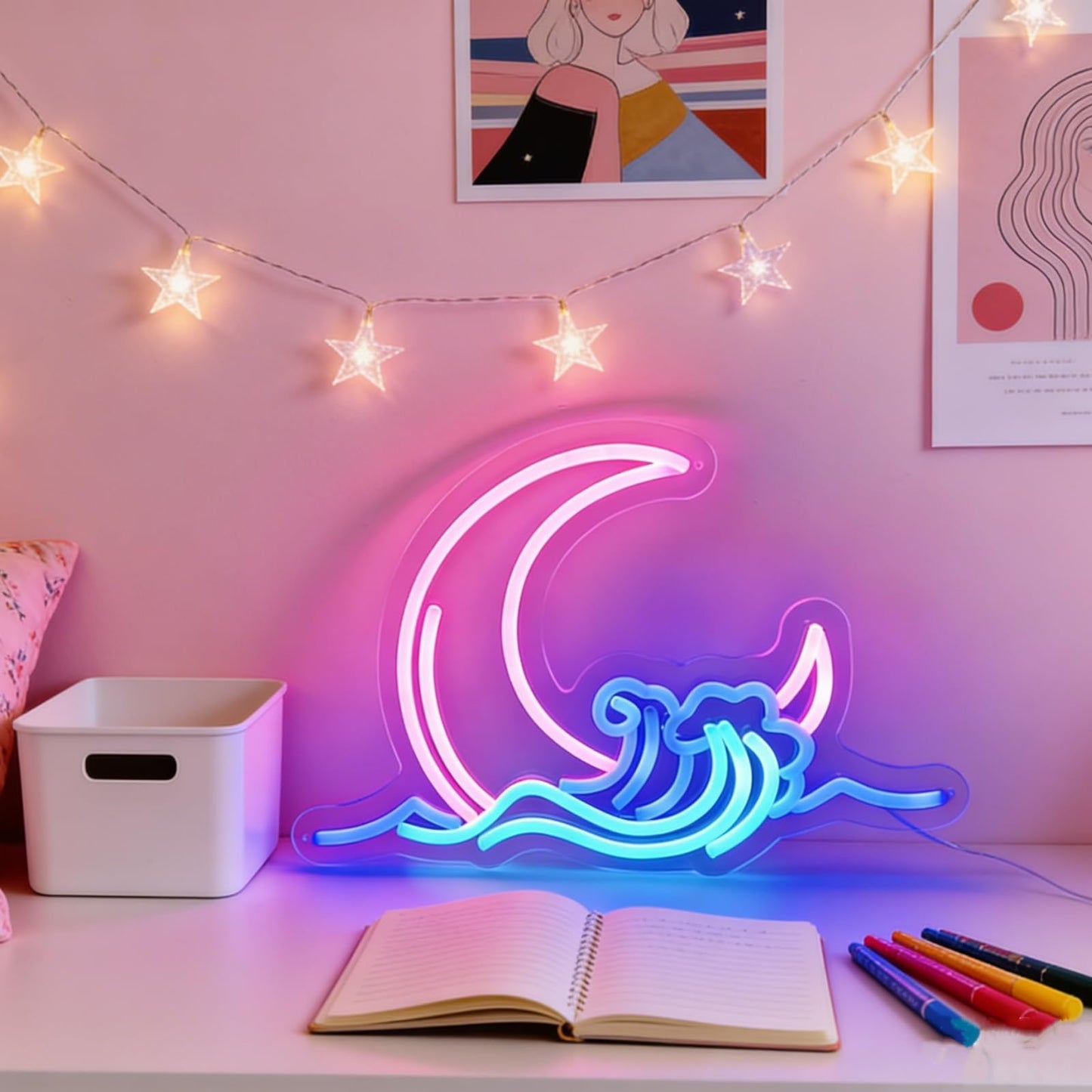 Moon and Wave Neon Sign for Wall Decor Pink Moon Blue Wave LED Neon Light for Bedroom Dresser Aesthetic Room Decor USB Powered Wall Art for Living Room Bar Kid's Room Ideal Teens Girls Gifts