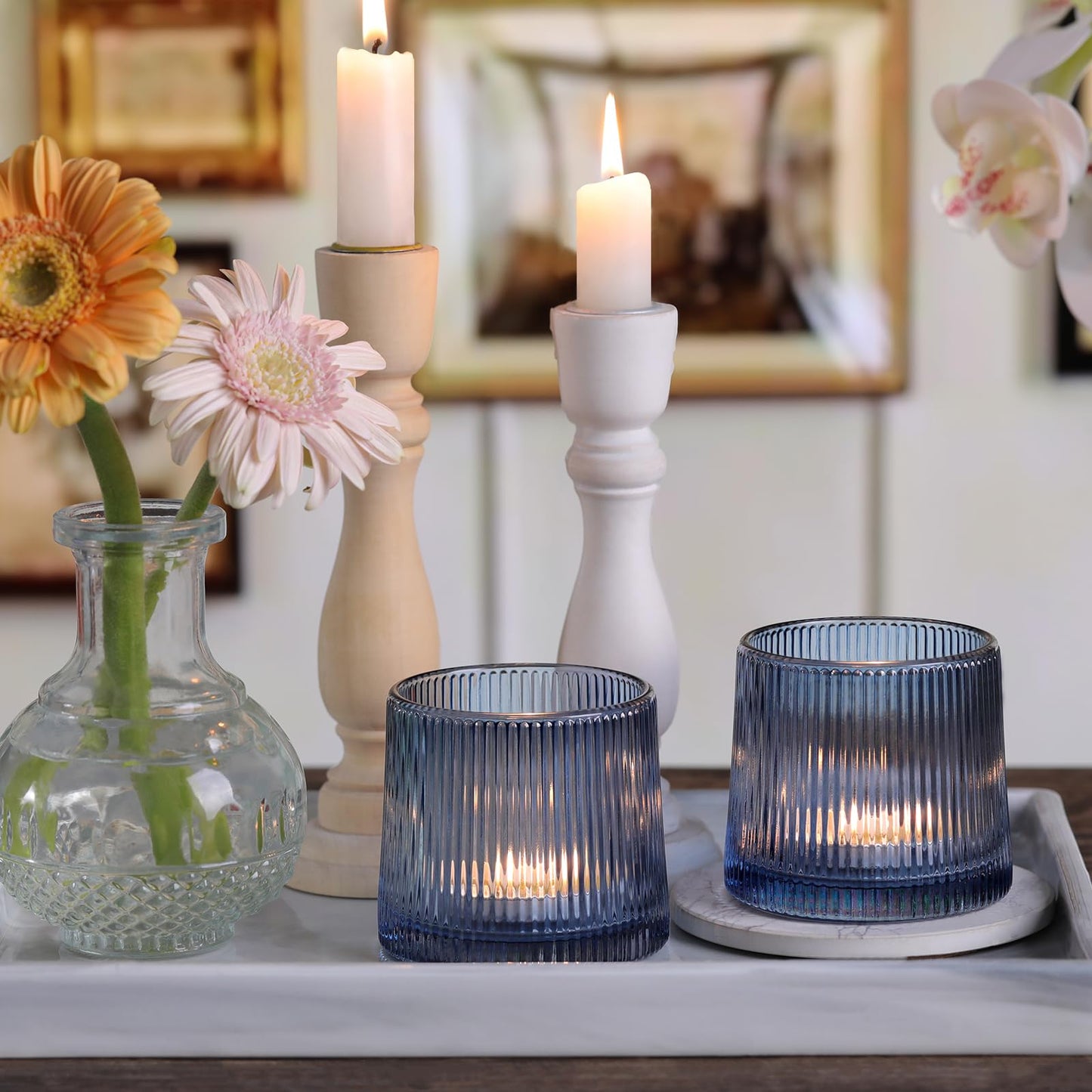DARJEN Blue Ribbed Tealight Votive Candle Holders- 6Pack Glass Candle Holders for Table Centerpiece, Wedding Decor, Home Decor, Party Dinner