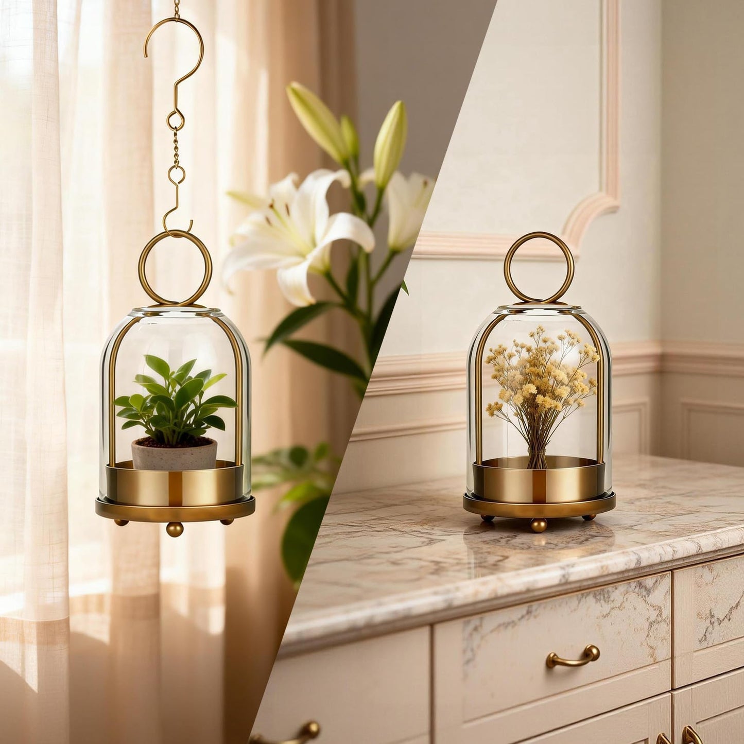 Havmorph 5"&4" Hurricane Glass Candle Holders, Hanging Brass Metal Candle Holder for Pillar Candles Table Coffee Table Decor Interior Decoration
