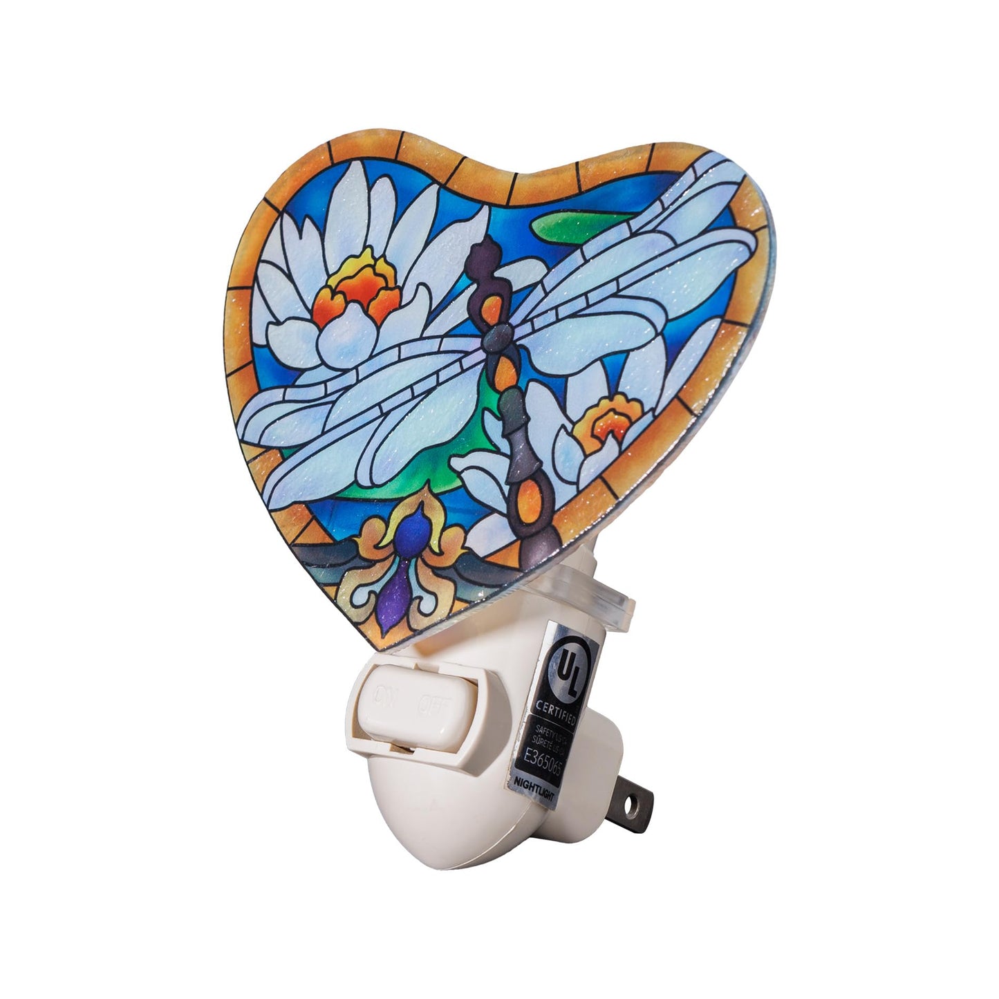Dragonfly with White Lotus Night Light – Stained Glass Styled Plug-in Wall Light for Vertical Outlets – Real Glass, Warm Glow for Bedroom, Bathroom, Hallway –Gift for Nature Lover