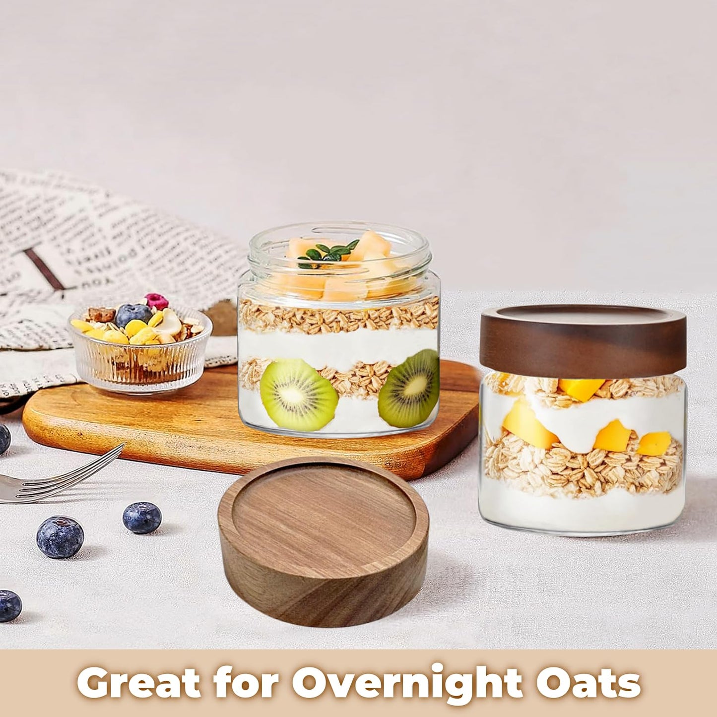 Brighomrom Set of 2 Glass Food Storage Jars, Premium Clear Glass Container Jar with Airtight Wooden Screw-on Lid, Kitchen Canisters for Coffee,Tea,Pasta,Cookies, Nuts,Spice,Candy,Overnight Oatmeal