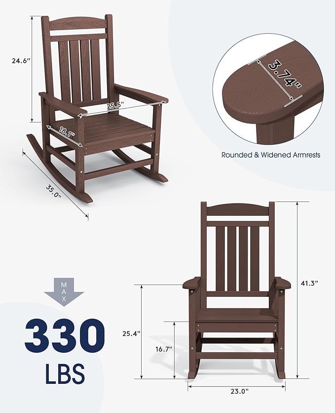 KINGYES HDPE Outdoor Rocking Chair Set of 4, All-Weather Poly Patio Rocking Chairs with 330lbs Support for Adults, Coffee Brown