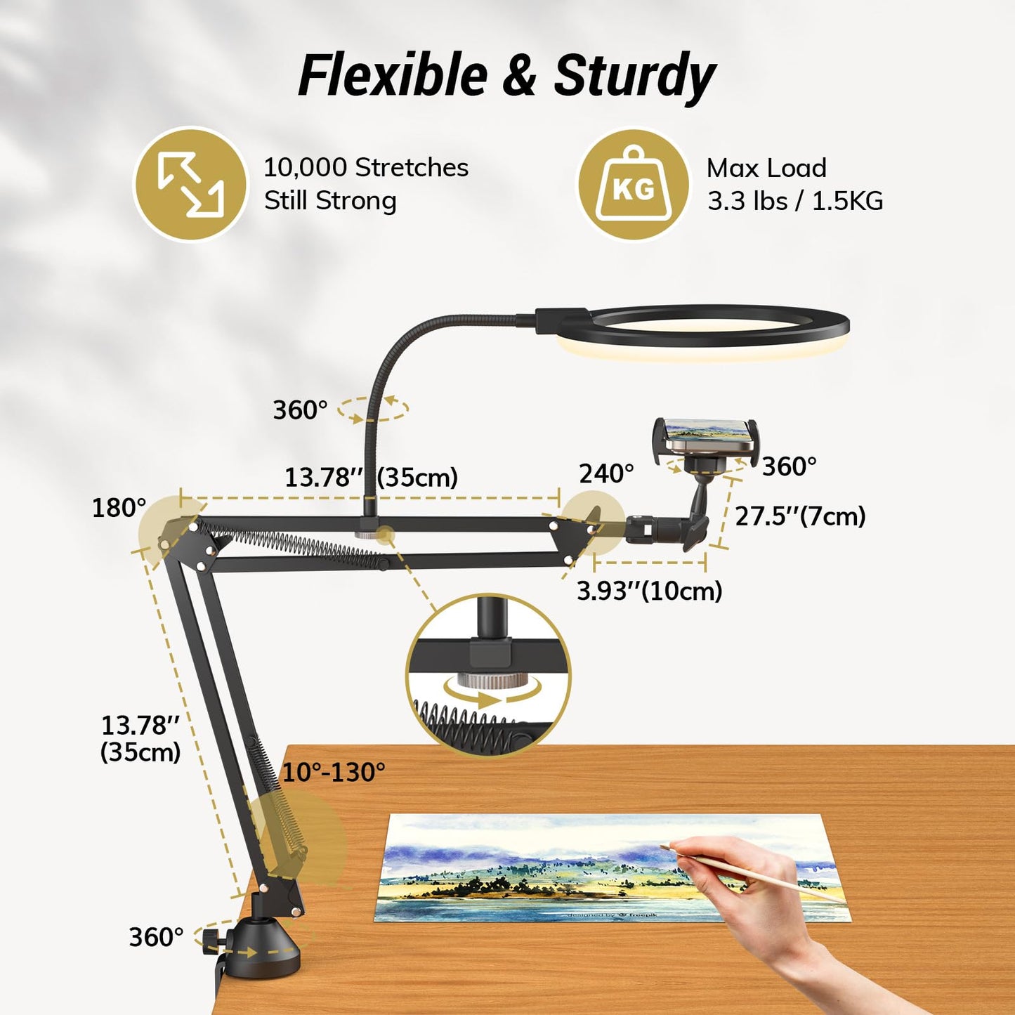 TONOR Overhead Ring Light Kit, 10" Ringlight with Heayy Duty Boom Arm and Phone Holder, Adjustable Angle, Suitable for Video Recording, Live Stream, Drawing, Makeup Nail