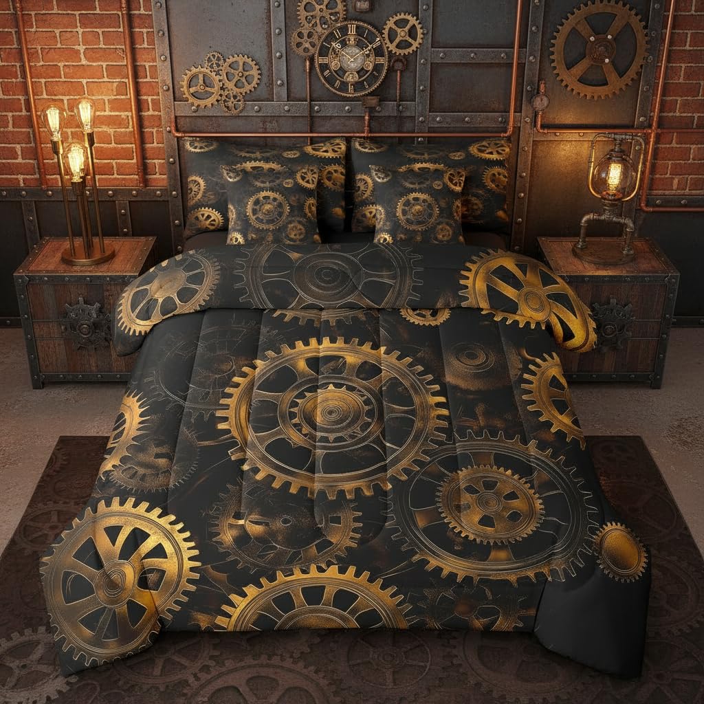 Erosebridal Golden Ndustrial Gear Full Comforter Set, Steampunk Style 7-Piece Bed in A Bag, Clocks Theme Sheets and Pillowcases, Retro Mechanical Device Kids Adult Bed Sets