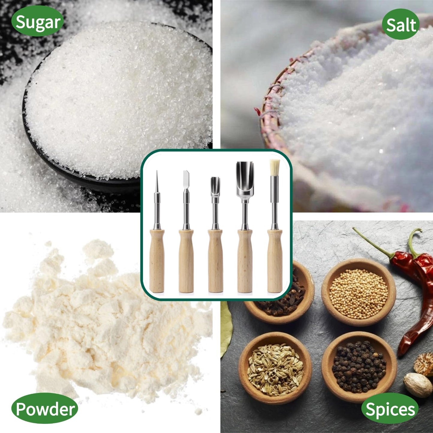 5Pcs tool kit including metal poker,scraper,mini scoop,large scoop,brush,crafted from SS304 with detachable wooden handles storage bag for versatile use sugar salt powder spices and cleaning