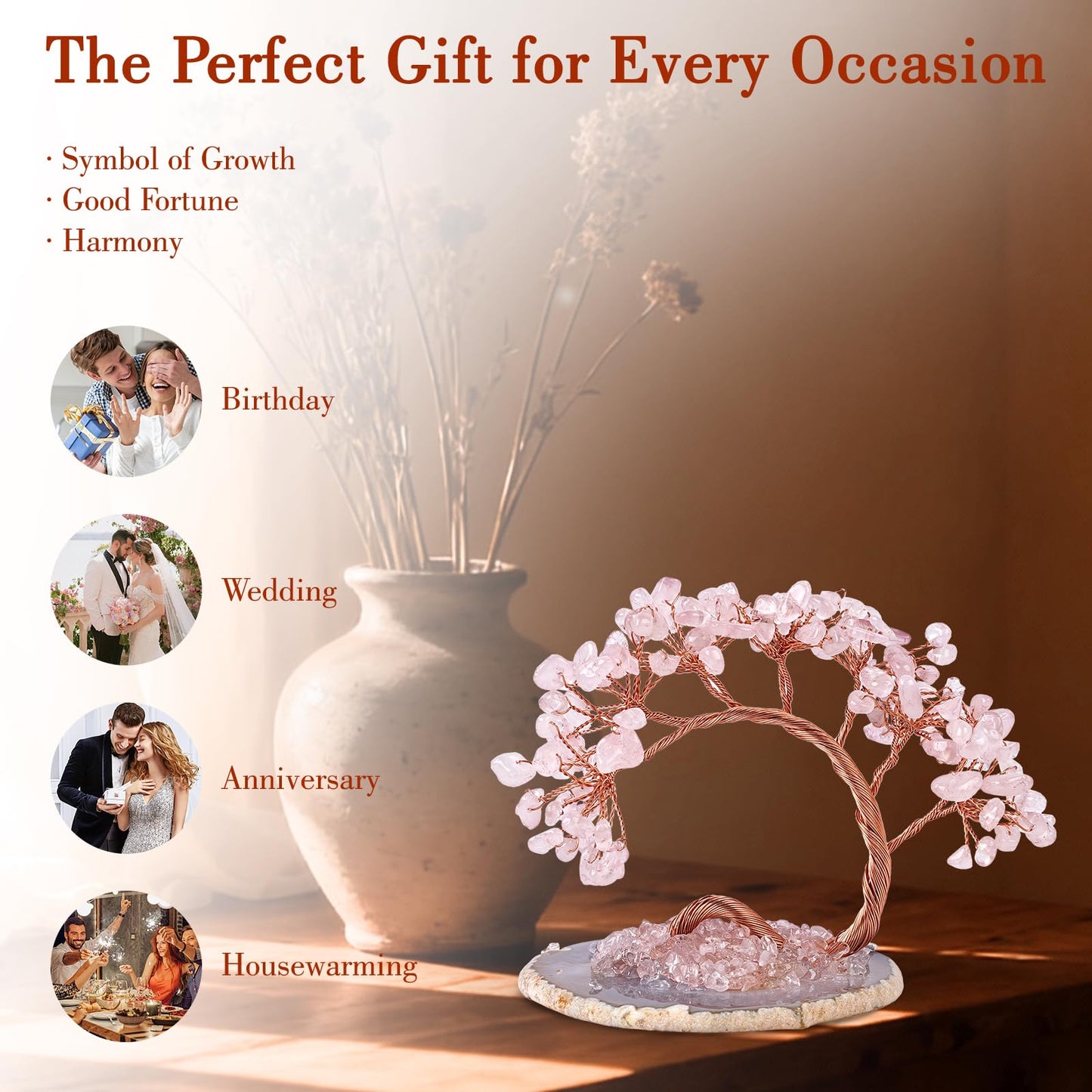 Rose Quartz Crystal Tree with Agate Slice Base - Handmade Feng Shui Money Tree for Love & Abundance, Mini Pink Desk Bonsai, Heart Chakra Healing Decor & Gift