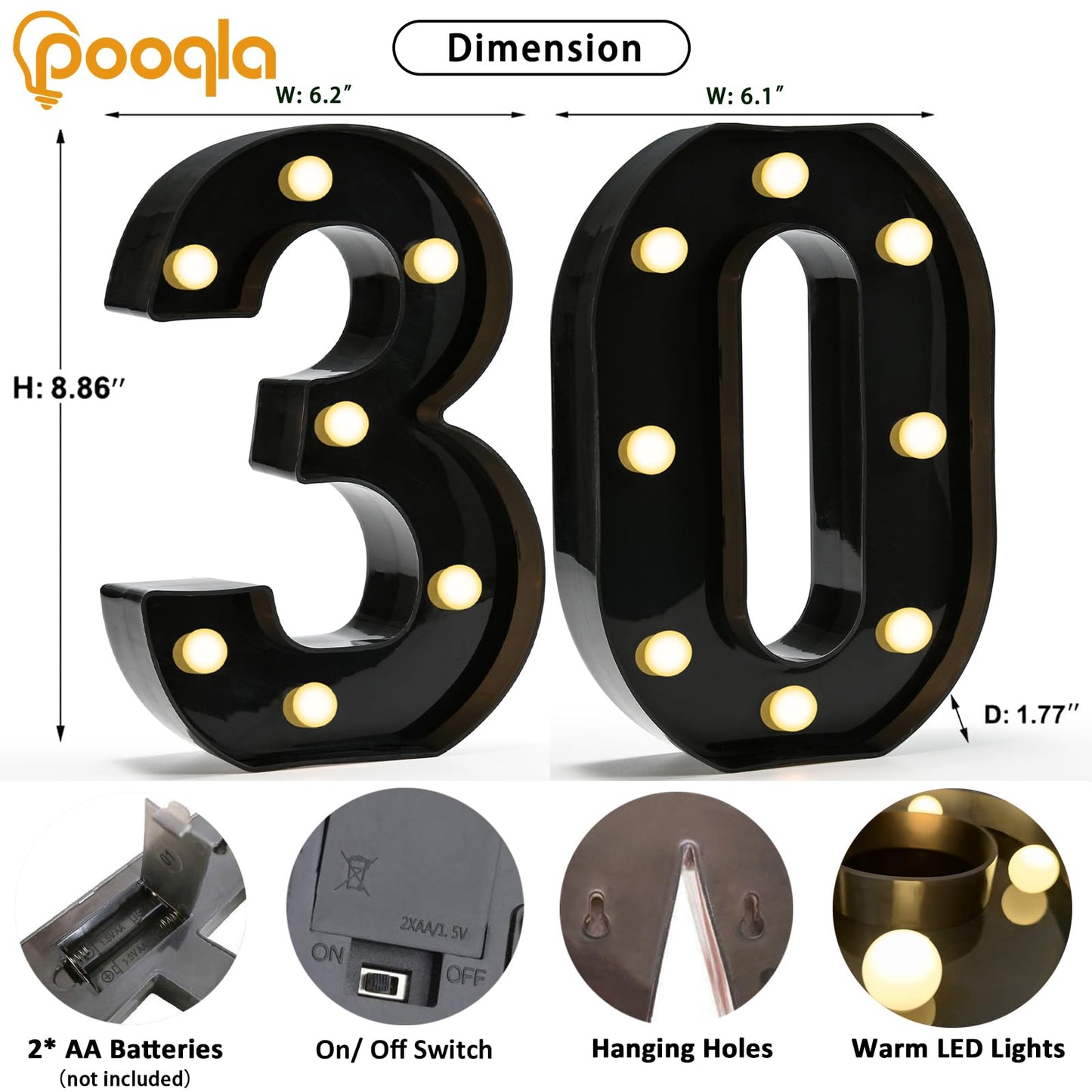 Pooqla Decorative Led Light Up Number Letters, Black Plastic Marquee Number Lights Sign for 30th Birthday Party Wedding Decor Battery Operated Black Decoration 30