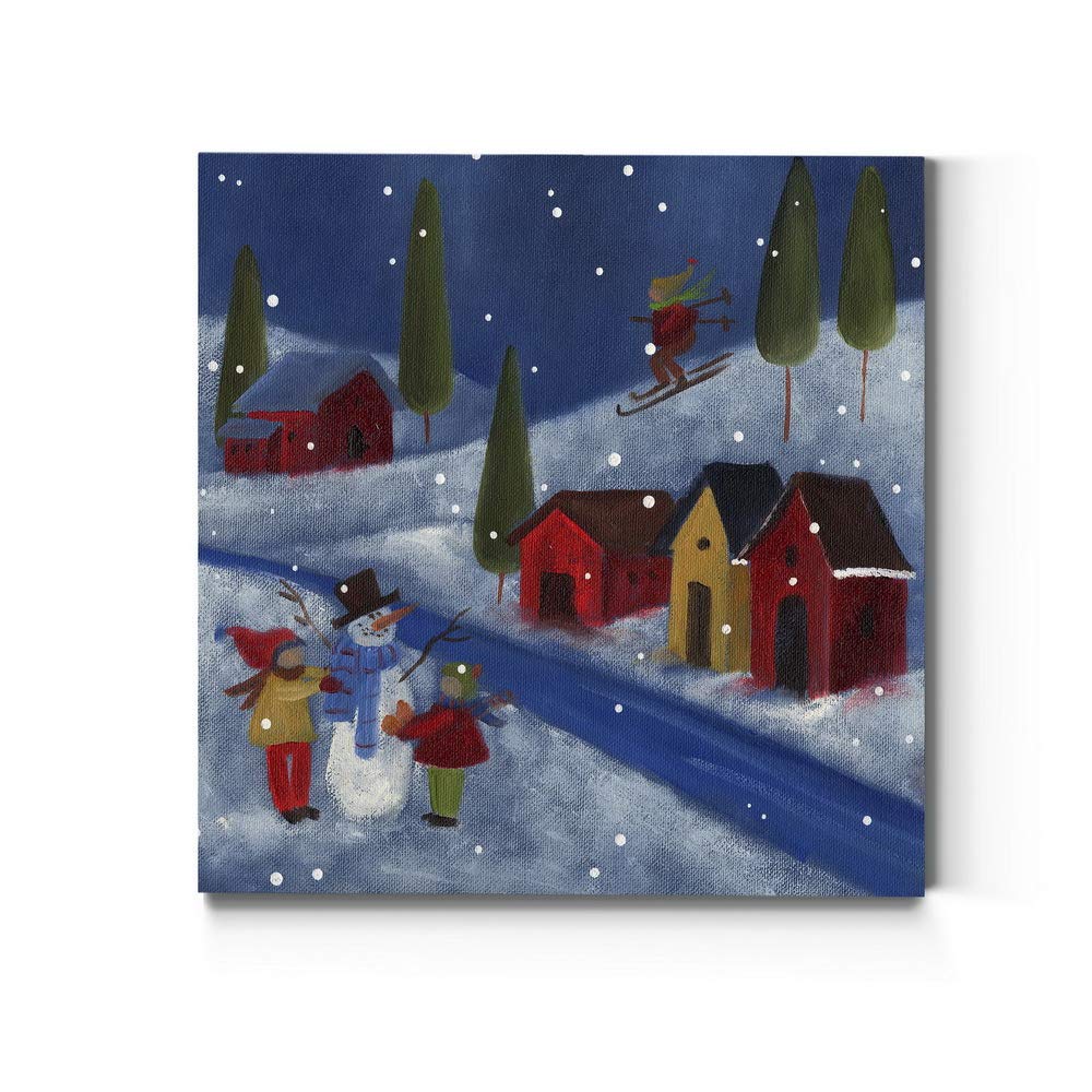 Renditions Gallery Winter Snow Scene (1) Wall Art, Cute Christmas Artwork, Skiing, Building a Snowman, Red Barn, Premium Gallery Wrapped Canvas Decor, Ready to Hang, 40 in H x 40 in W, Made in America