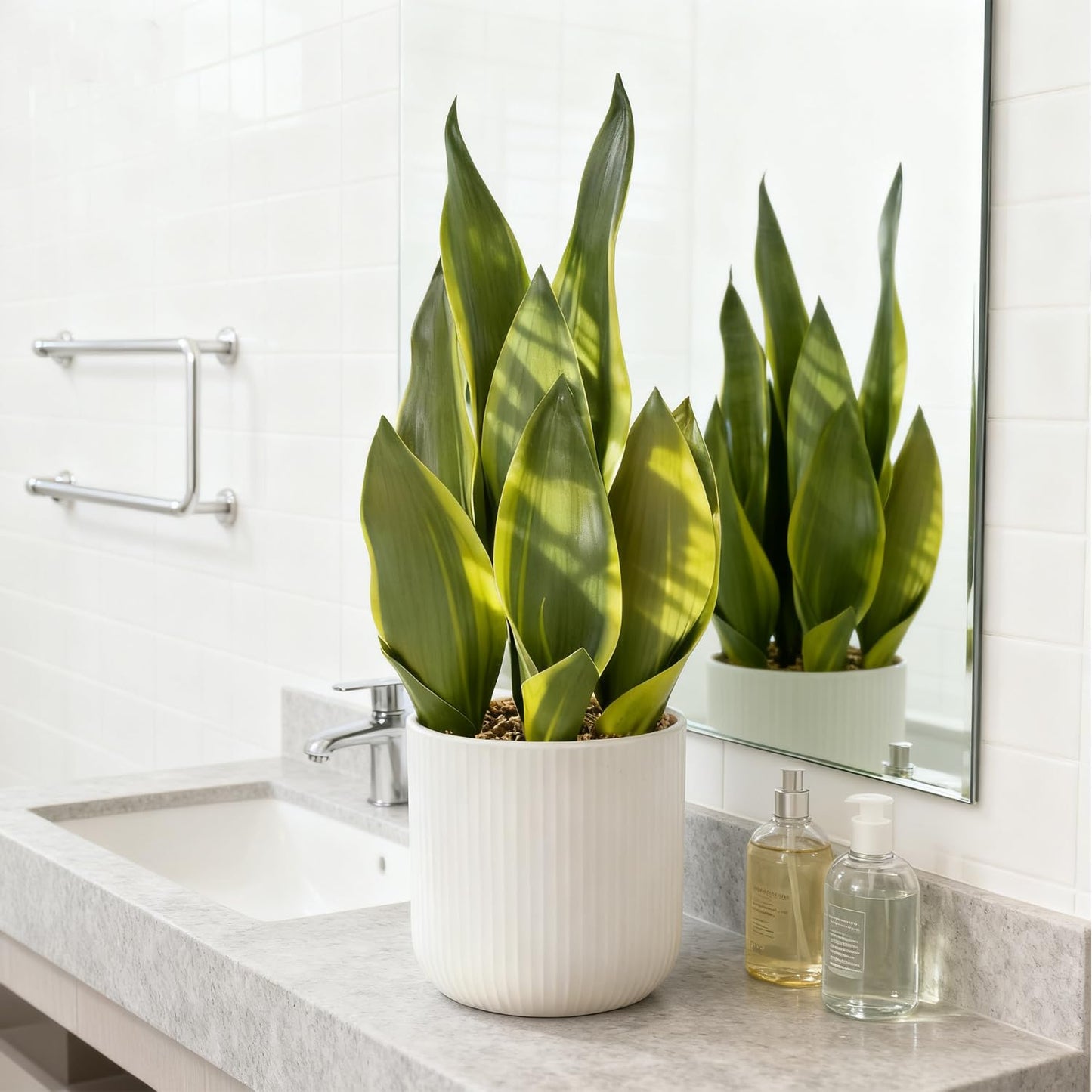 DUZYXI Artificial Realistic Snake Plant 16" with White Ceramic Pot Fake Snake Plants Sansevieria Greenery Faux Snake Plant for Home Office Living Room Housewarming Gifts Indoor Decor