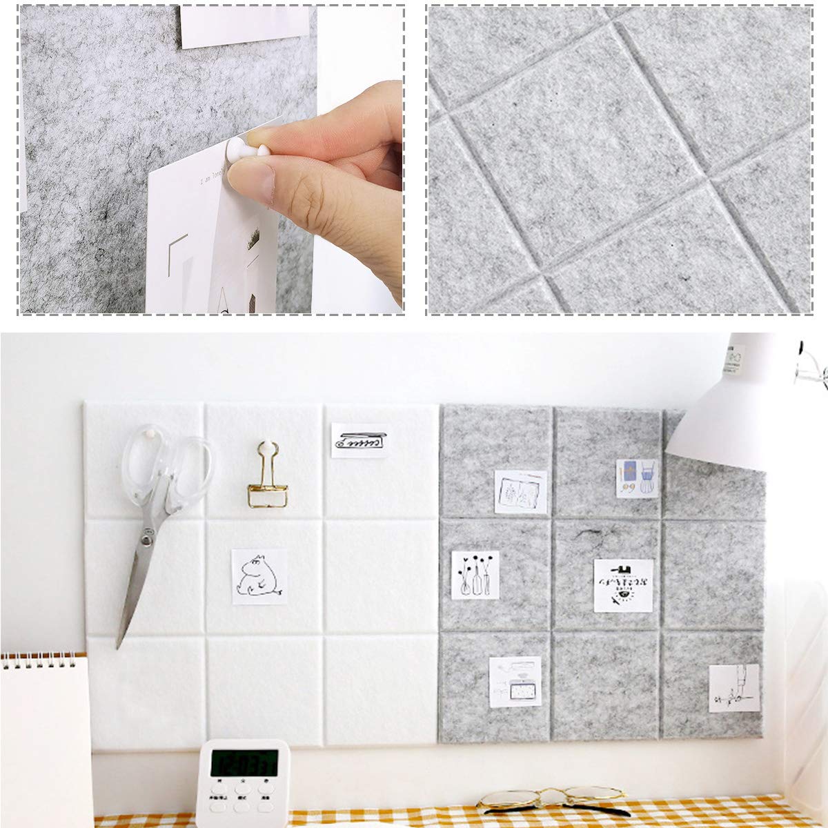Uoisaiko Large Felt Board Tiles with 30 Pins, 30x30cm Pack of 6 Bulletin Board Notice Boards for Home Office Kitchen, Self Adhesive Pin Board Wall Tiles for Photos Memos