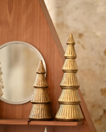 WONDROUS' DECO Christmas Tree Figurine Gold Wooden, Tree Figurines Decorative for Tabletop, Small Glittered Golden Xmas Trees Figurines for Christmas Mantle Indoor Decor