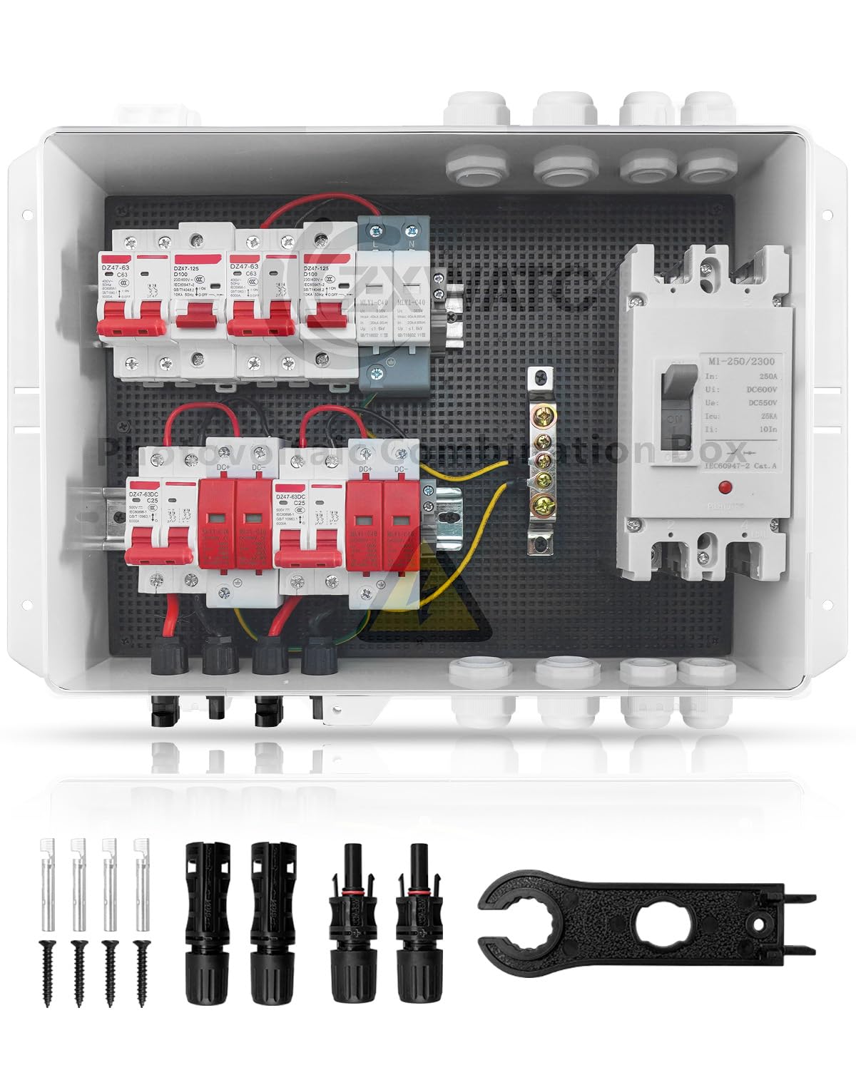 PV Combiner Box 2 String Solar Distribution Box with 25A, 250A DC Circuit Breakers, 63A,125A AC Circuit Breakers, and Surge Protection – IP65 Waterproof, Perfect for 8K-10KW Solar Inverter Systems