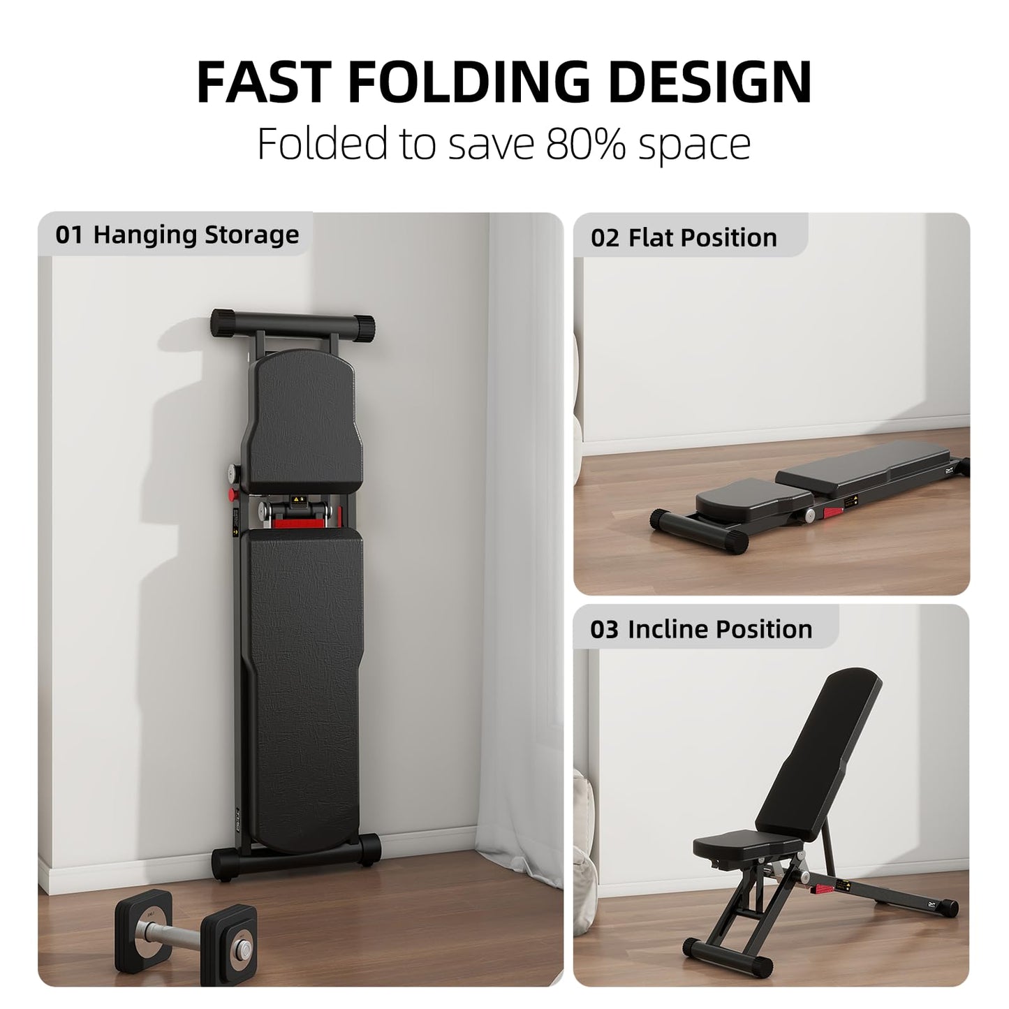 DHT Weight Bench, Adjustable Weight Benches for Home Gym, Workout Bench with Fast Folding, Incline Decline Bench Press for Full Body, Black