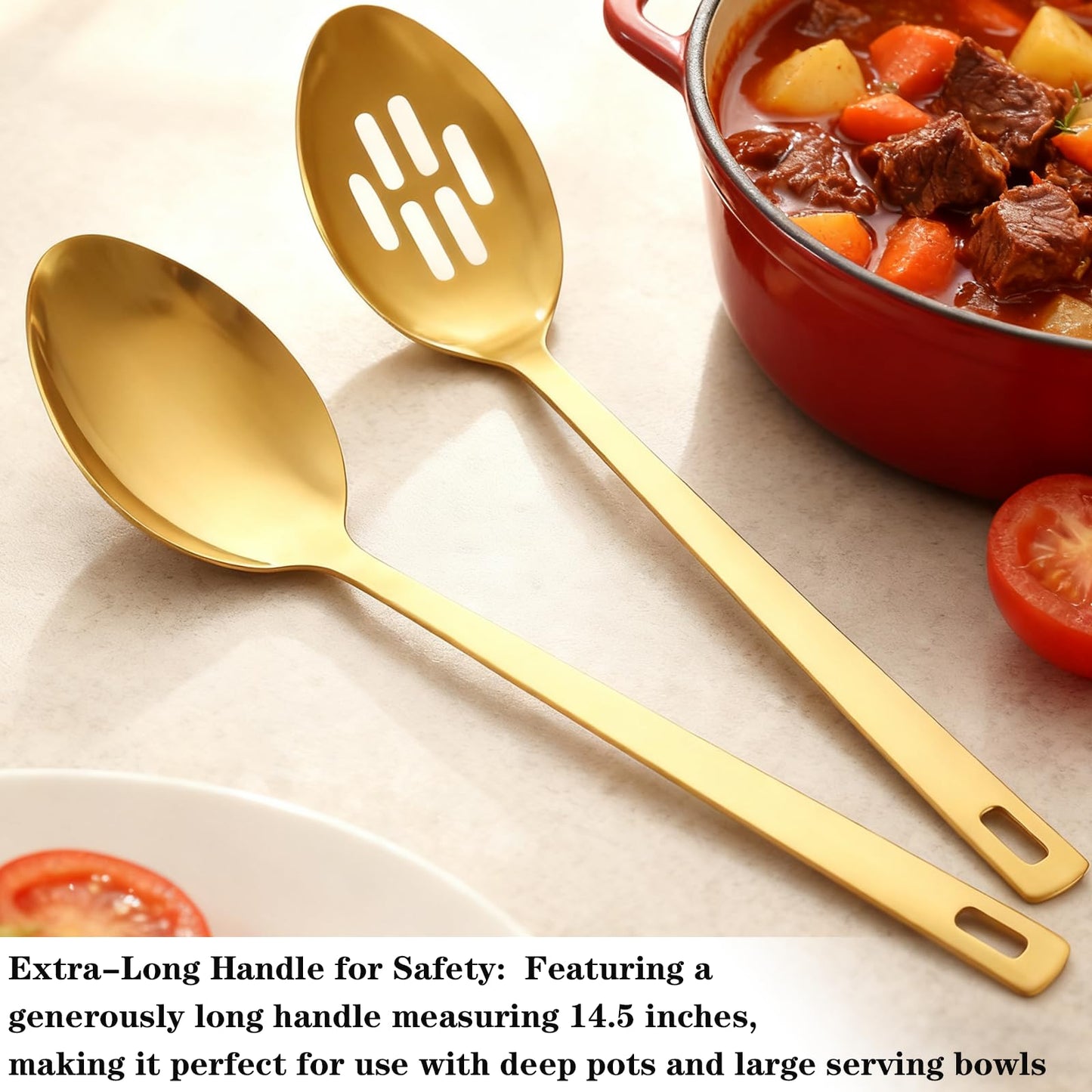 Large Serving Spoons Set, 304 Metal Slotted Spoon Cooking Spoon Buffet Spoons Set for Serving, Tabletop Flatware Utensil, Gold