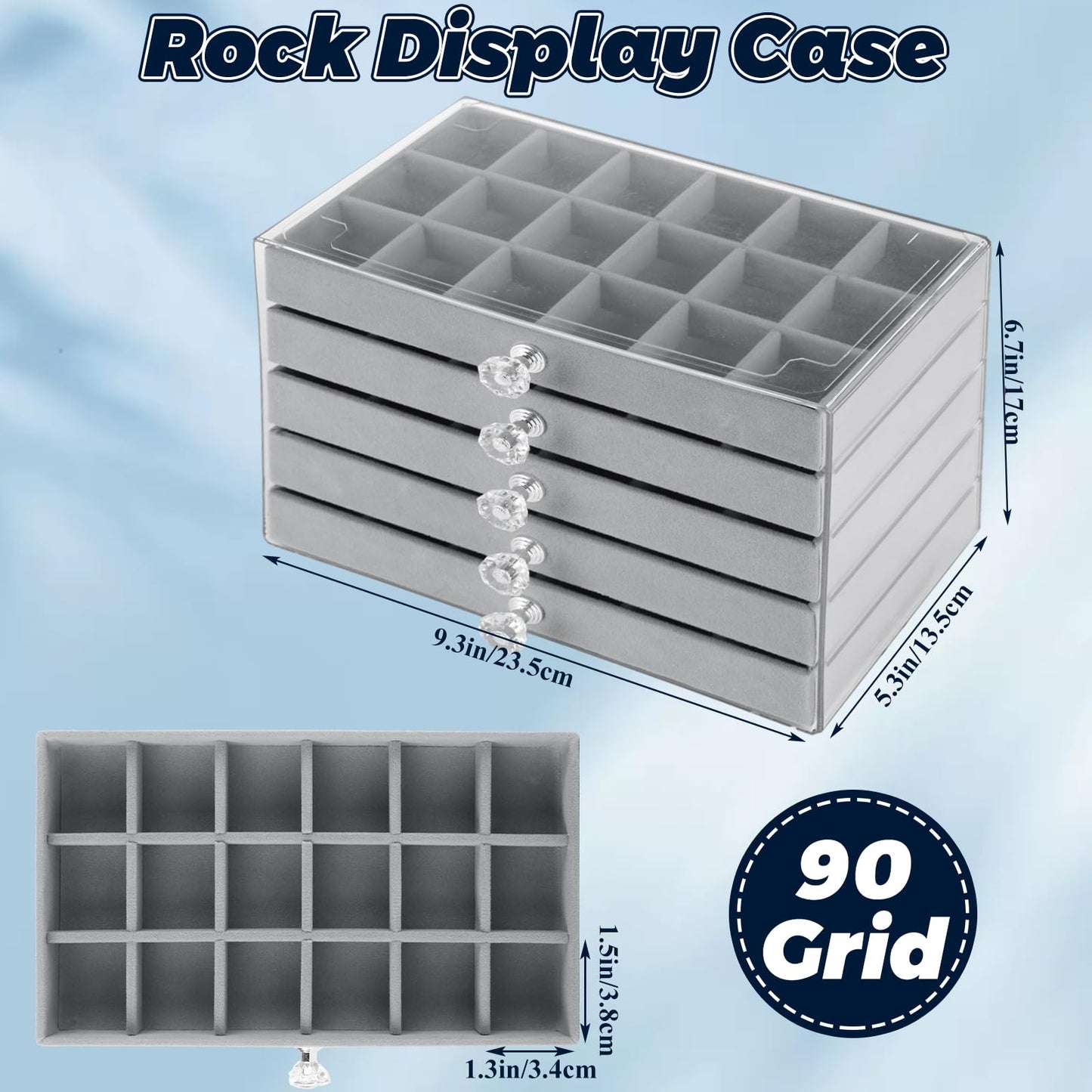 LDHHYH 90 Grid Rock Display Case, Rock Collection Box for Kids, Rock Collection Crystal Fossil Display Case, Acrylic Clear Display Organizer for Gemstone Fossil Crystal Stone Collectibles