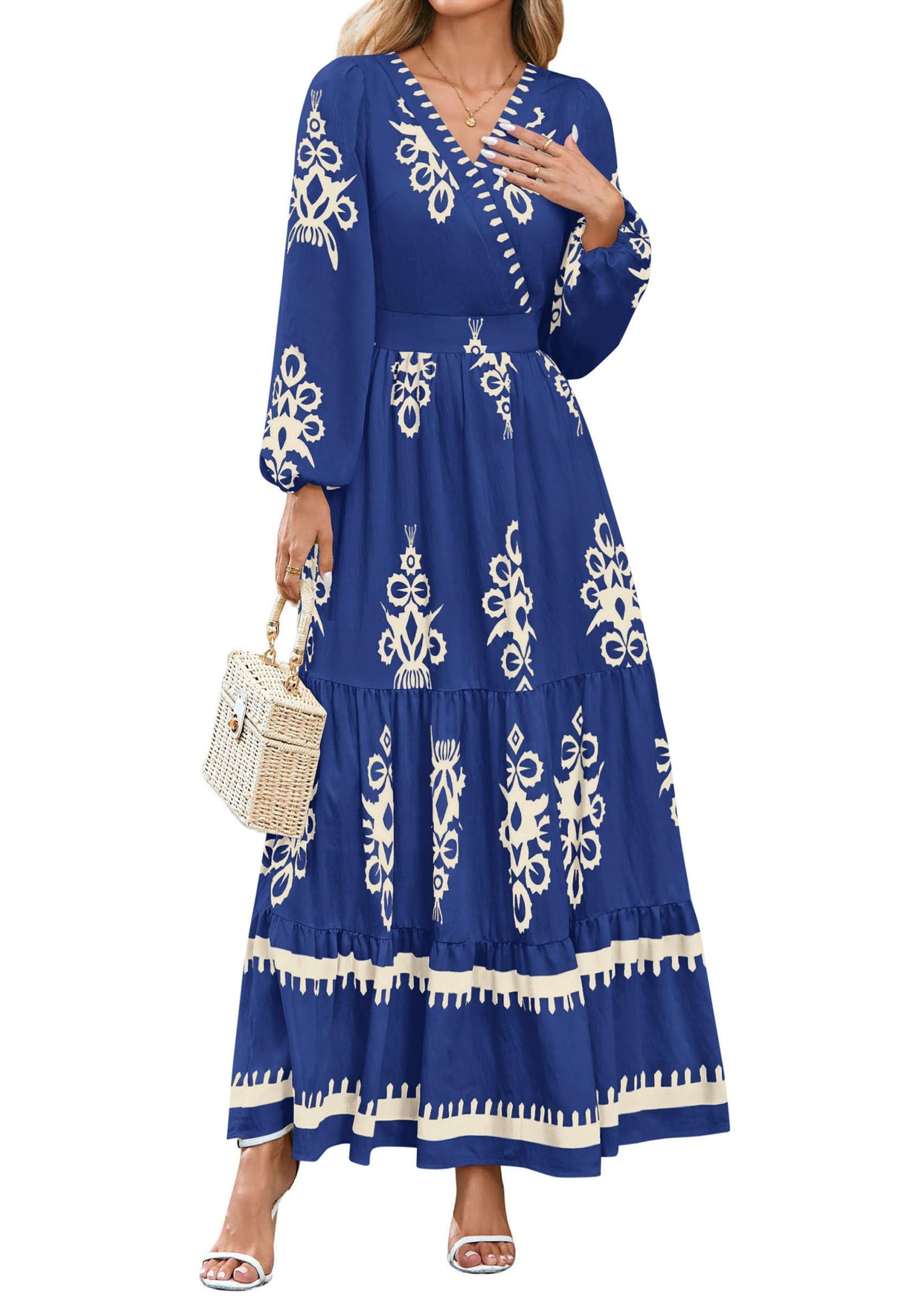 PRETTYGARDEN Women's 2025 Fall Wedding Guest Dresses Boho Floral Long Sleeve V Neck Flowy Elegant Maxi Dress Beach Clothes