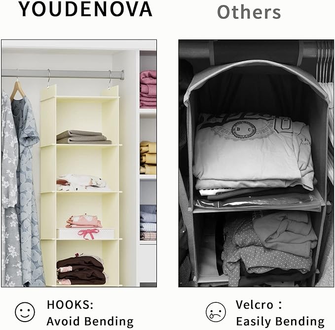 YOUDENOVA Hanging Closet Organizer, 4-Shelf Closet Hanging Shelves