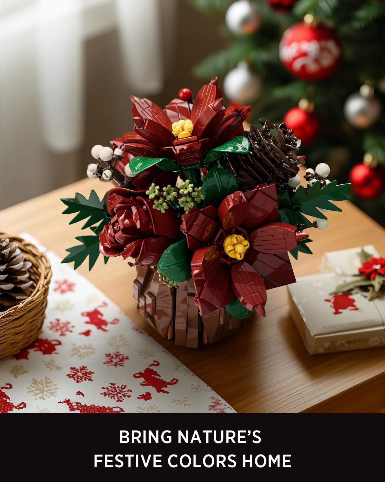 Nifeliz Poinsettia Flowers Building Set, Artificial Poinsettia Floral Arrangement for Adults, Tabletop Flower Decor for Home or Desk Display (767 PCS, NF10347)