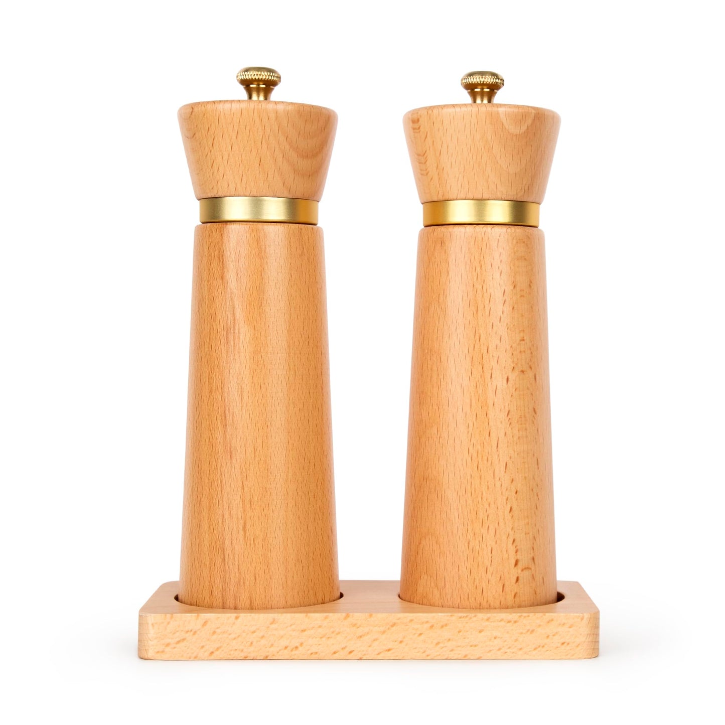 Besti Wooden Salt and Pepper Grinder Set with Tray - Striped Acacia Refillable Grinders for Salt, Pepper, Seasonings, Reusable Pepper & Salt Mill - Kitchen & Dining Table (7" Beech)