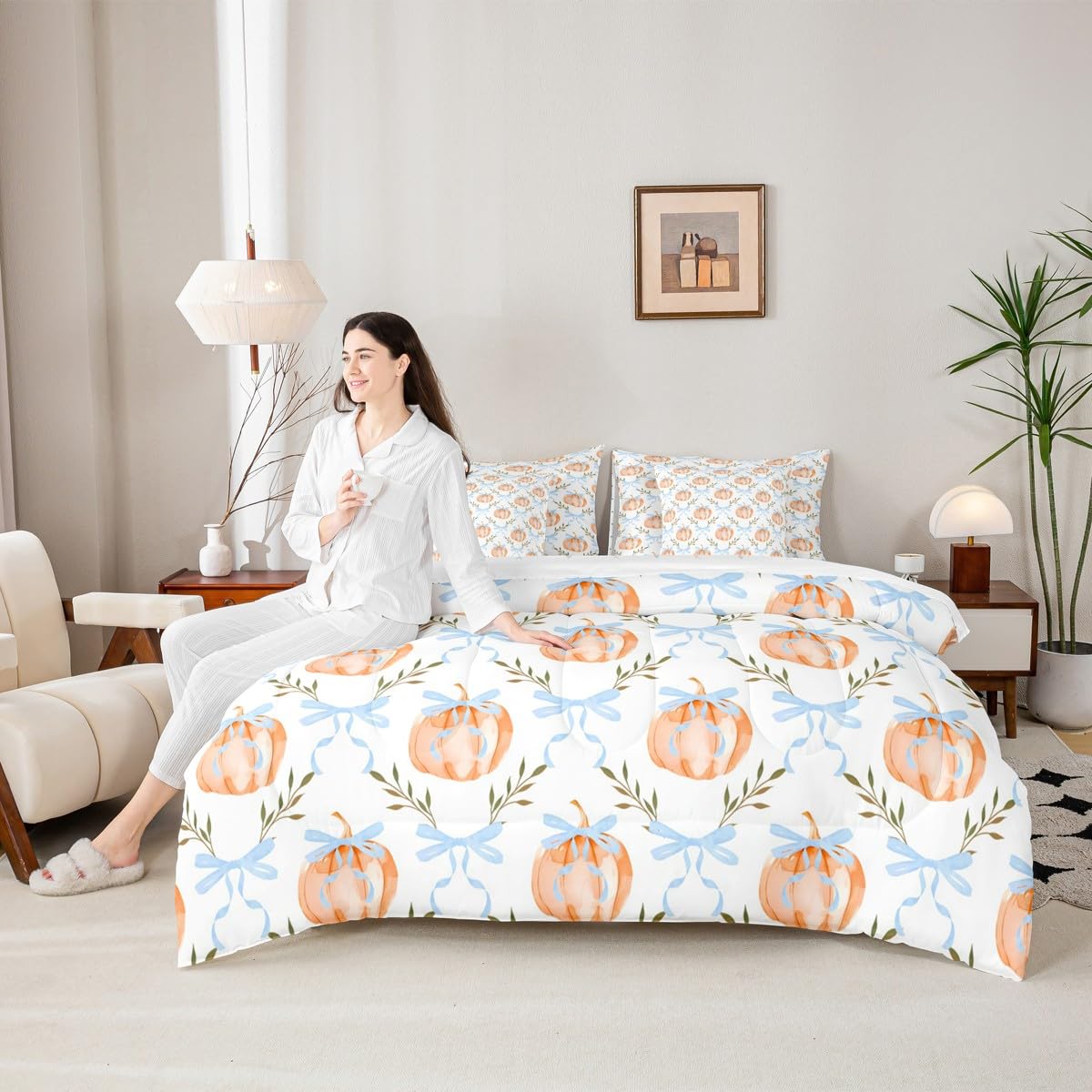 7 Pieces Bow Pumpkin Comforter Set Full Size,Blue Bowknot Lines Bedding Sets Kids Girls Boys Women Palm Leaves Plaid Autumn Plants Quilt + Fitted & Flat Sheets + 2 Cushion Cover + 2 Pillowcases