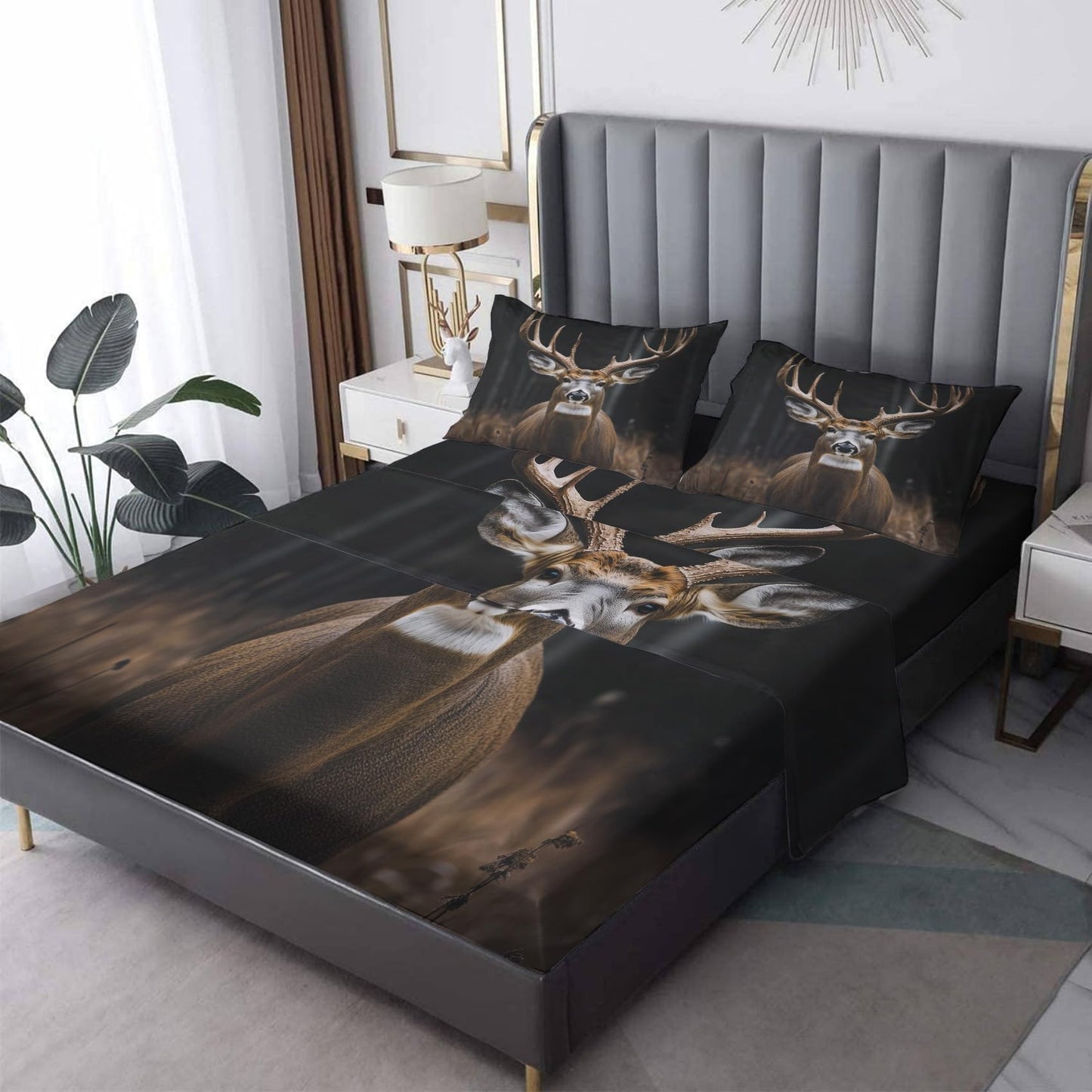 NOGAWA Deer Sheets Queen, Wildlife Bed Sheets, Rustic Hunting Bedding Sheets, Soft Microfiber Deep Pocket Fitted Sheet & Flat Sheet & 2 Pillowcases