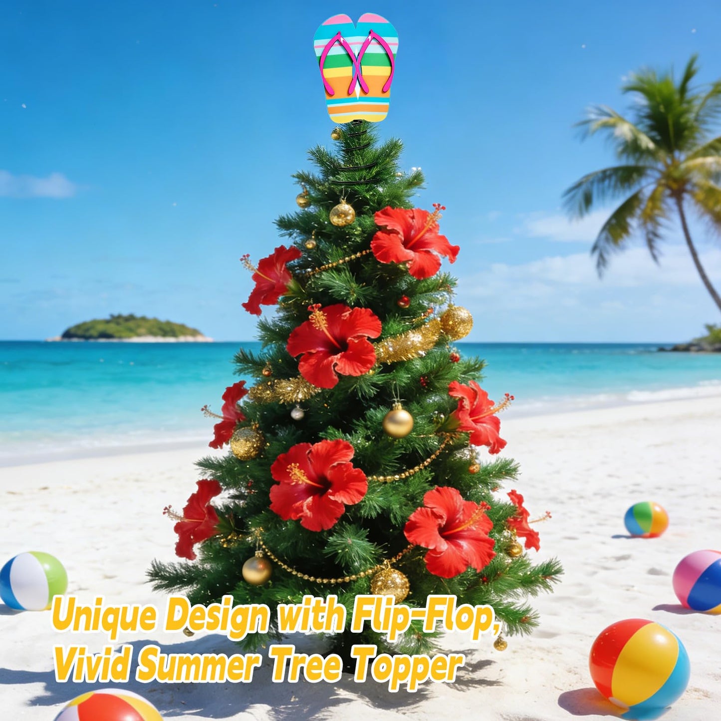 APUDWN 10 x 5.2 Inch Wood Summer Tree Topper with LED Lights, Flip Flop Tree Decorations for Christmas in July Luau Beach Theme Hawaiian Party Battery Powered Tropical Sandal Holiday Decor