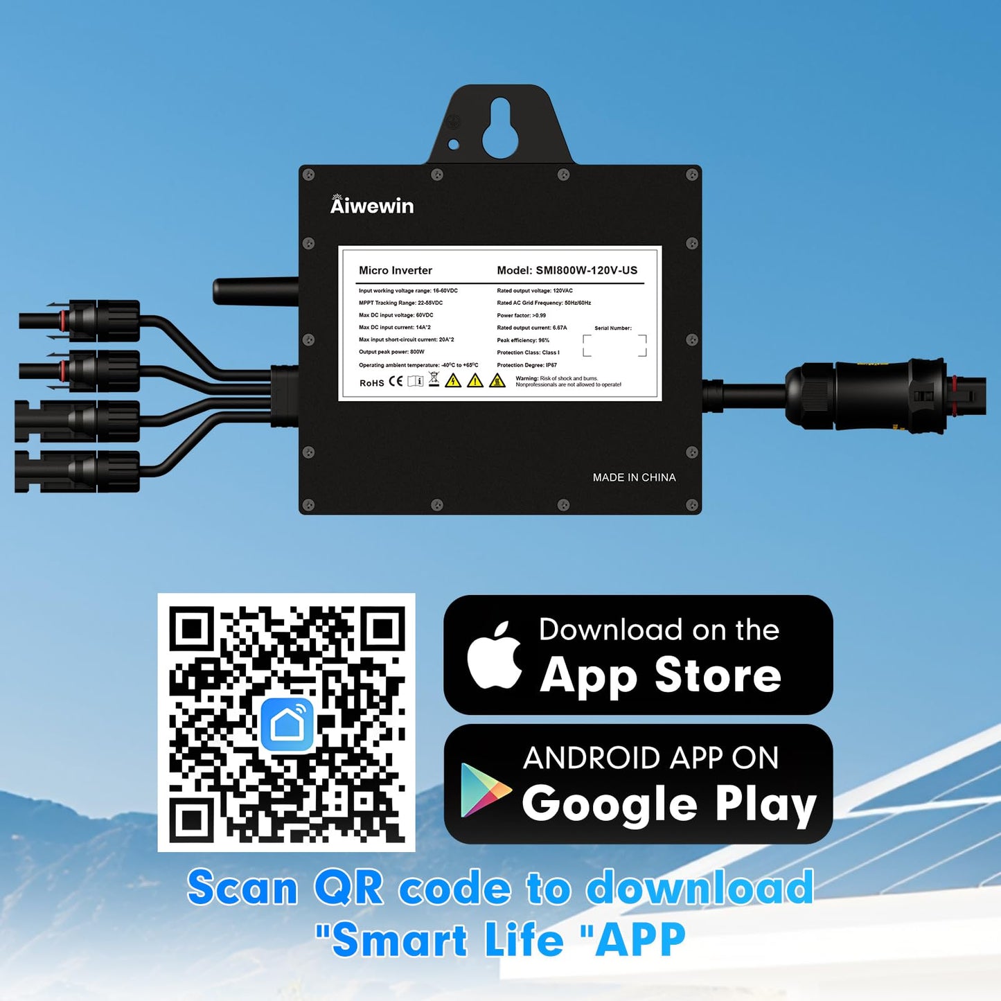Solar Grid Tie Micro Inverter 800W, SMI800W 120V AC Grid-Tied Output with WiFi Smart App Tracking, 96% Efficiency Pure Sine Wave Inverter for Family Residence, Home & Small Business Energy Saving
