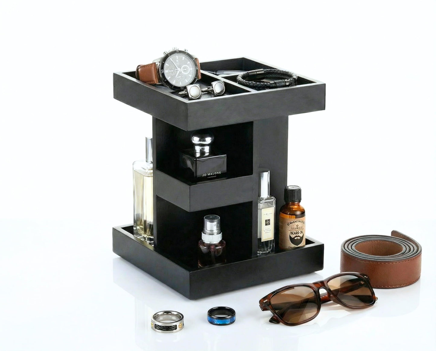 Aurenzo Cologne Organizer for Men, 3 Tier Black Wood Perfume Display Stand with 360° Rotate Base, Mens Cologne and Jewelry Organizer Shelf for Bathroom Countertop Storage & Nightstand, Gift for Men