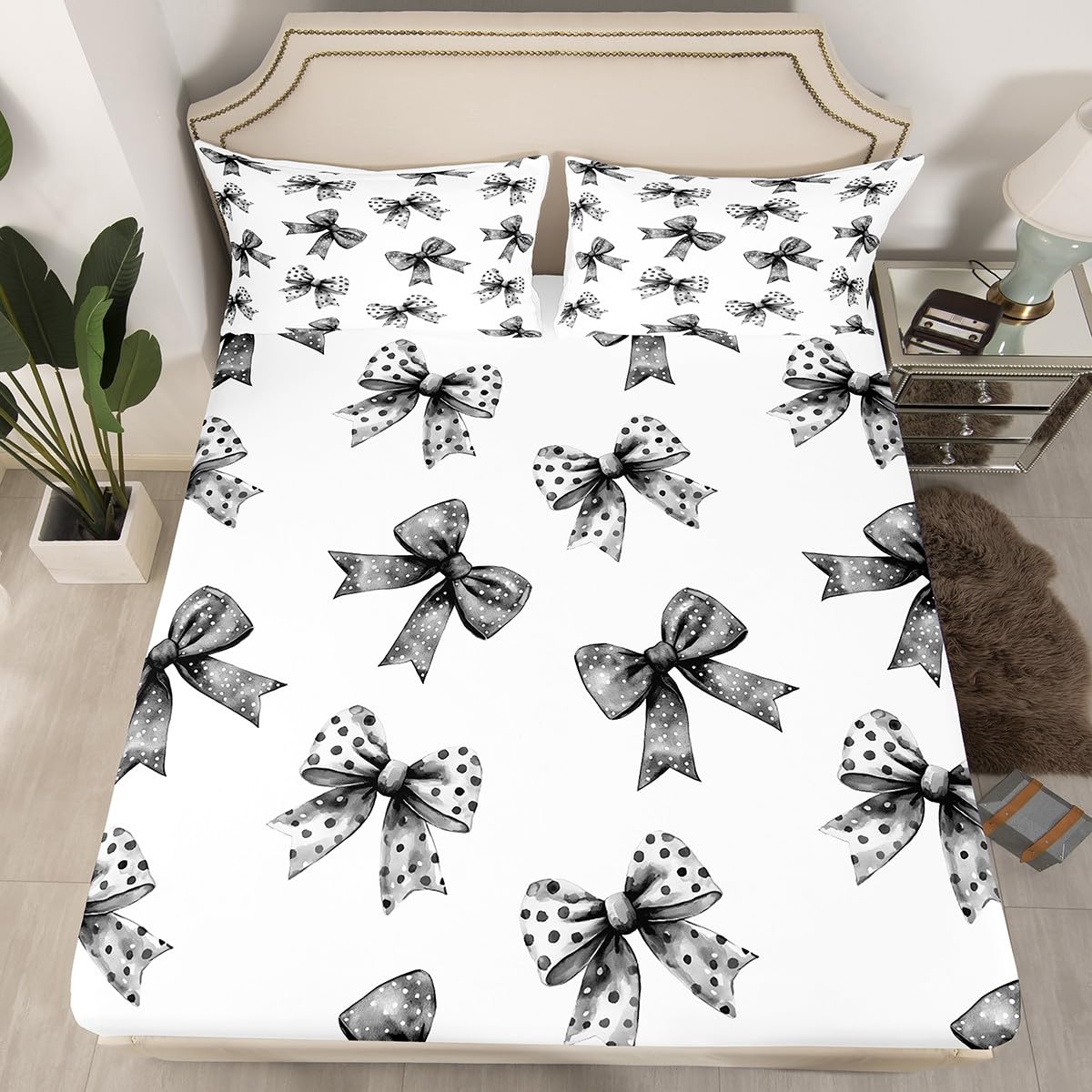 Erosebridal Bow Sheets for Boys Girls Ribbon Black Bow Fitted Sheet,Coquette Bowknot with Dots Kids Bedding Sets Dreamy Princess Bowtie Bed Sets Queen 3 Piece