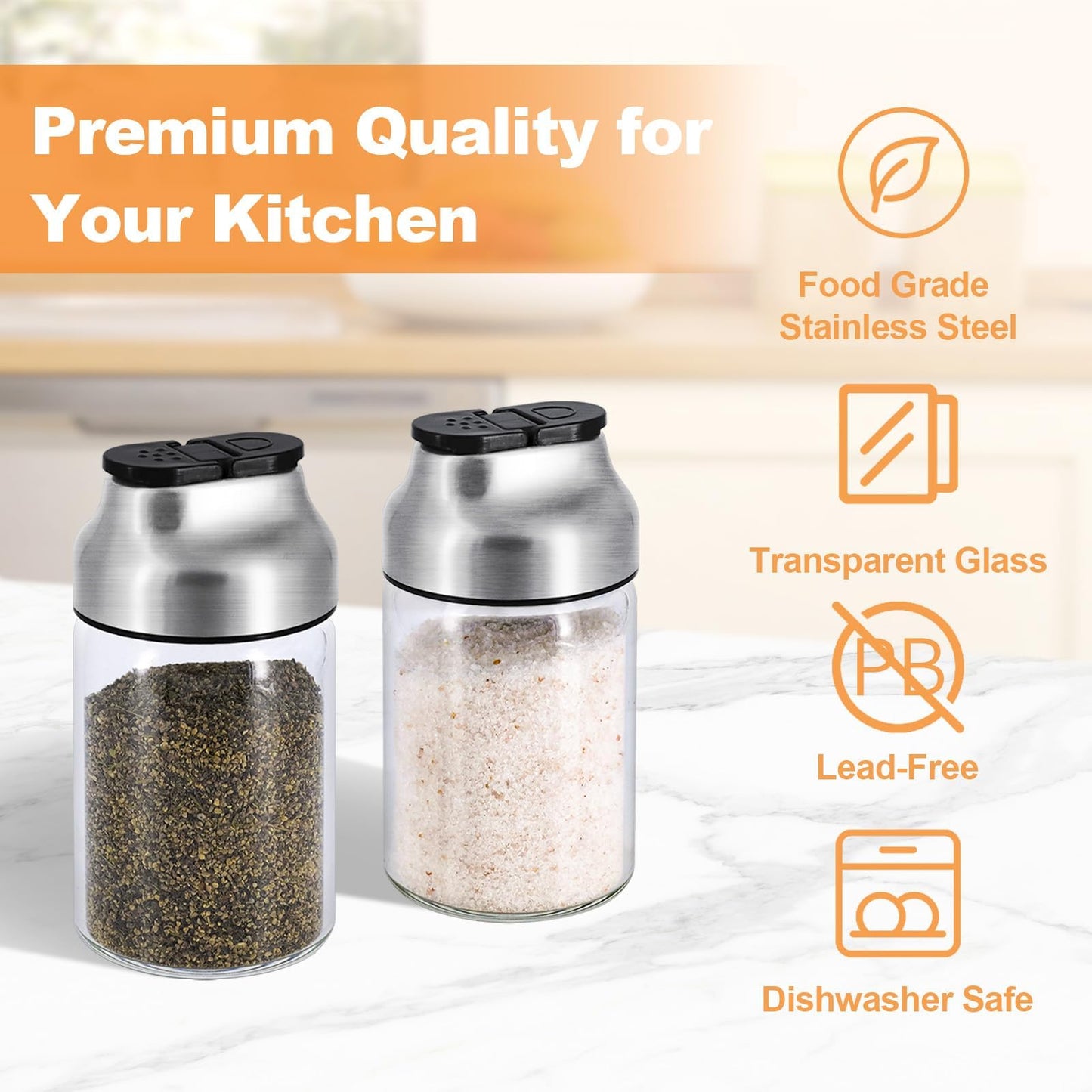 Aelga Salt and Pepper Shakers Set - 5 OZ Glass Salt Shaker with Adjustable Pour Holes - Sugar Dispenser with Stainless Steel Lid - Elegant Kitchen Table Accessories
