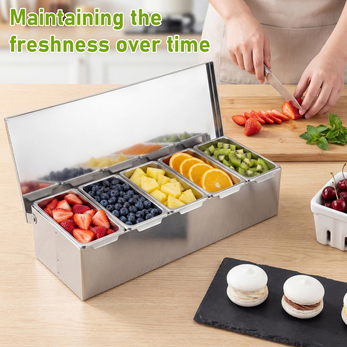 Ferrochef 5 Compartments Stainless Steel Chilled Condiment Tray, Garnish Tray with 5 Removable Compartments, Condiment Dispenser with Lid, Fruit Serving Containers
