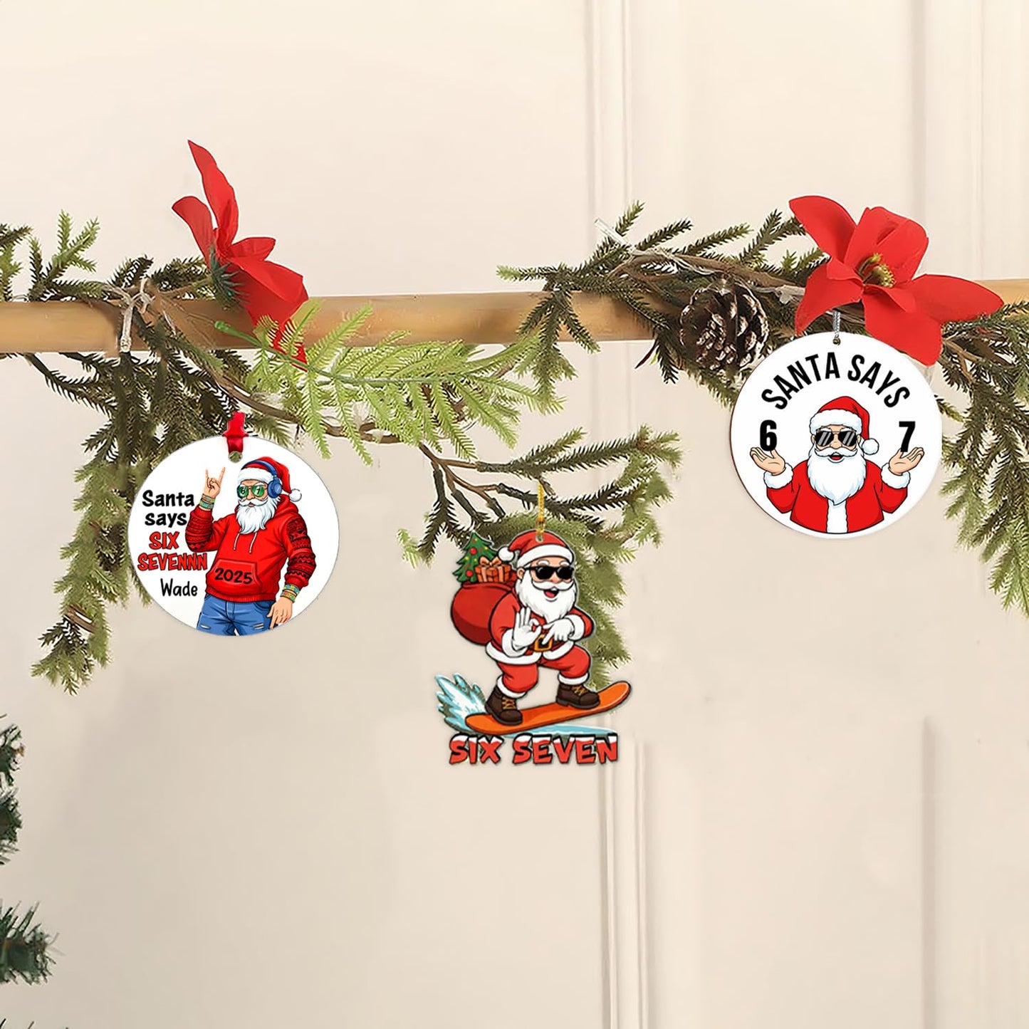 6 Pcs Christmas Tree Decorations Sixseven Santa Hanging Pendants Designs 2D Acrylic Funny 6 7 Santa Ornament DIY Xmas Santa Claus Hanging Ornaments for Kids Teens Boys Girls Christmas