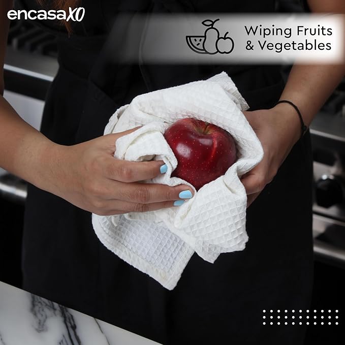 Encasa XO Kitchen Dish Towels Set | White | Waffle Weave and Flat Hand Tea